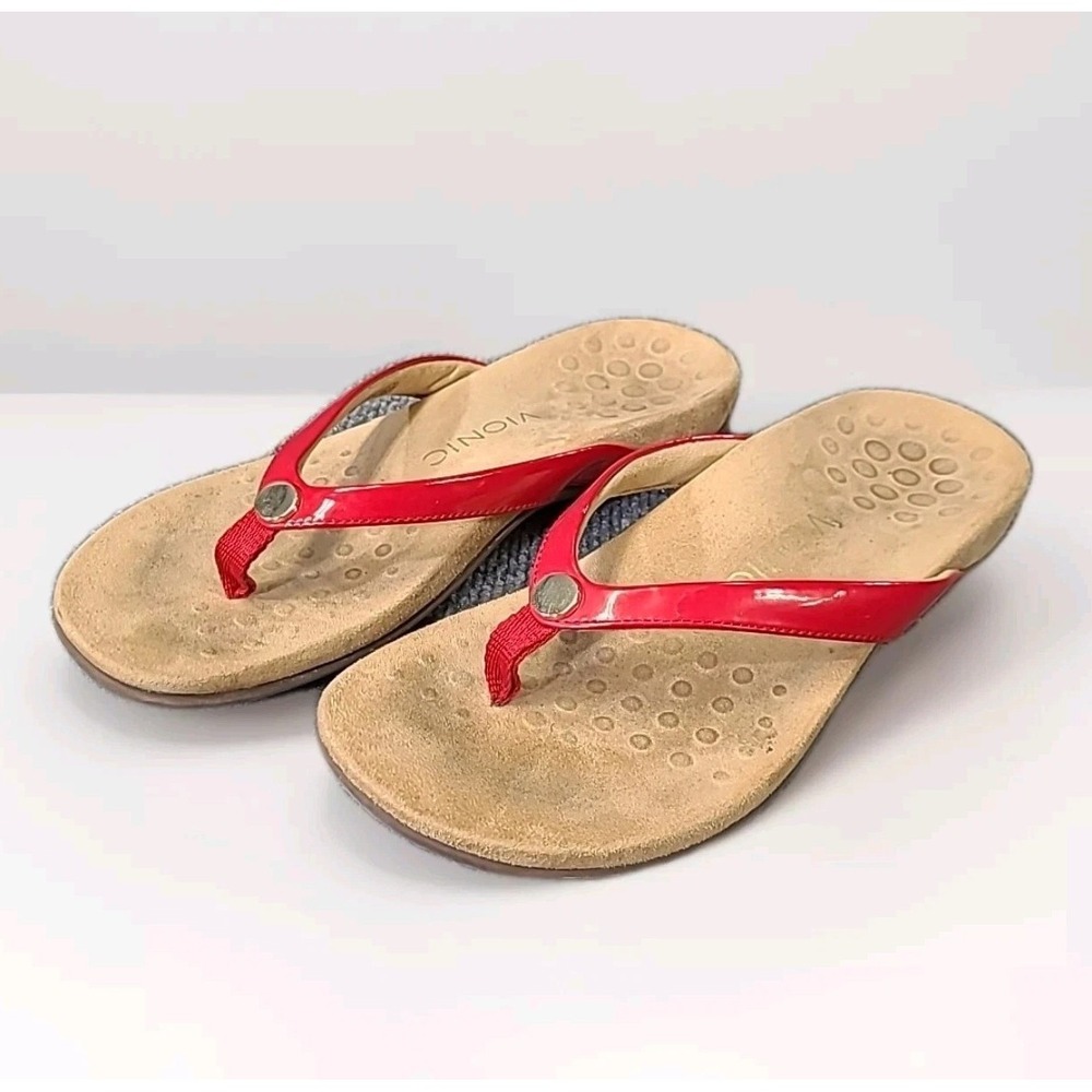 Vionic Mona Women's Button Flip Flop Sandals Patent Red Orthaheel Size‎ 8/ EU 39
